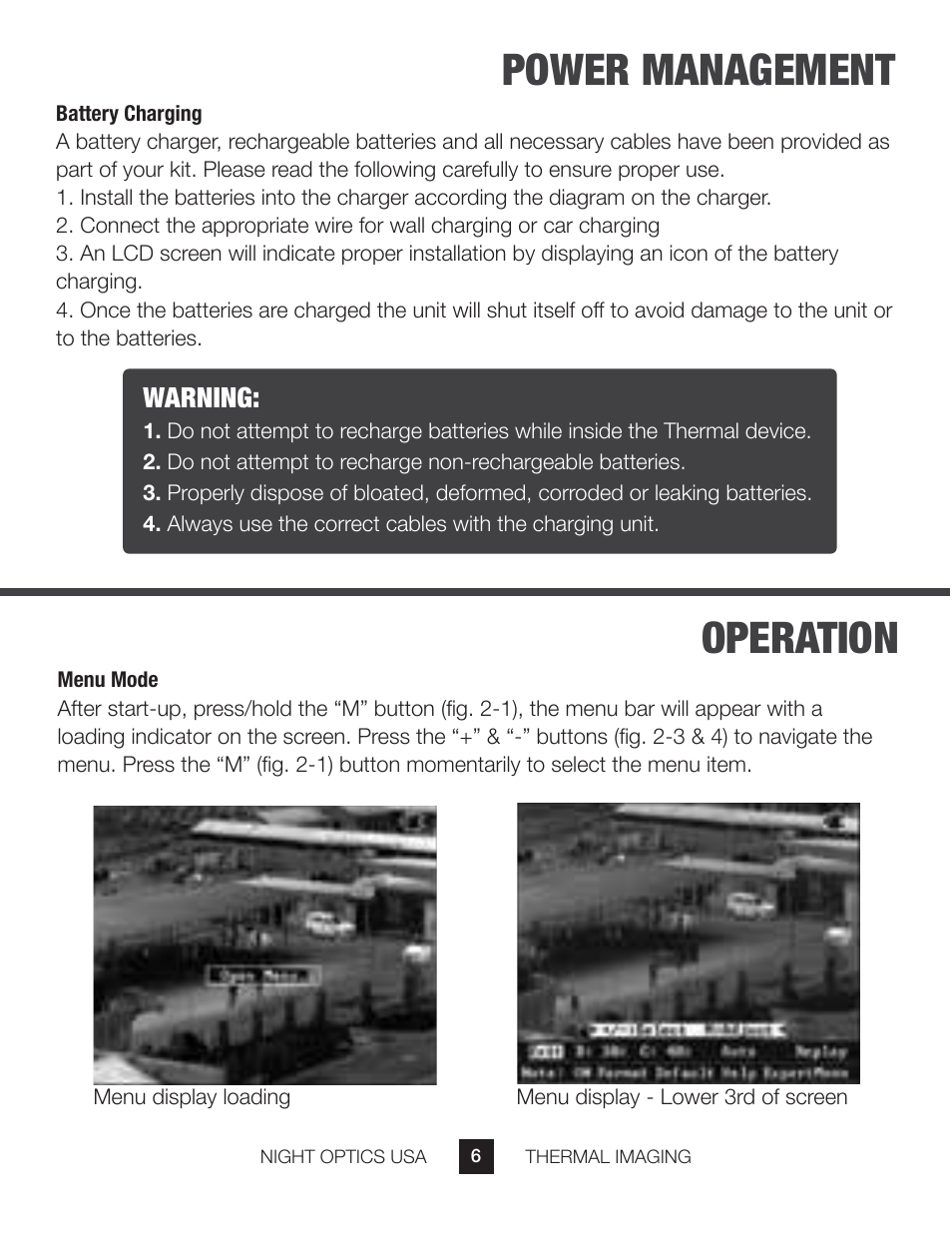 Power management operation, Warning | Night Optics TM-X Thermal Camera (160x120 | 25mm) User Manual | Page 7 / 17