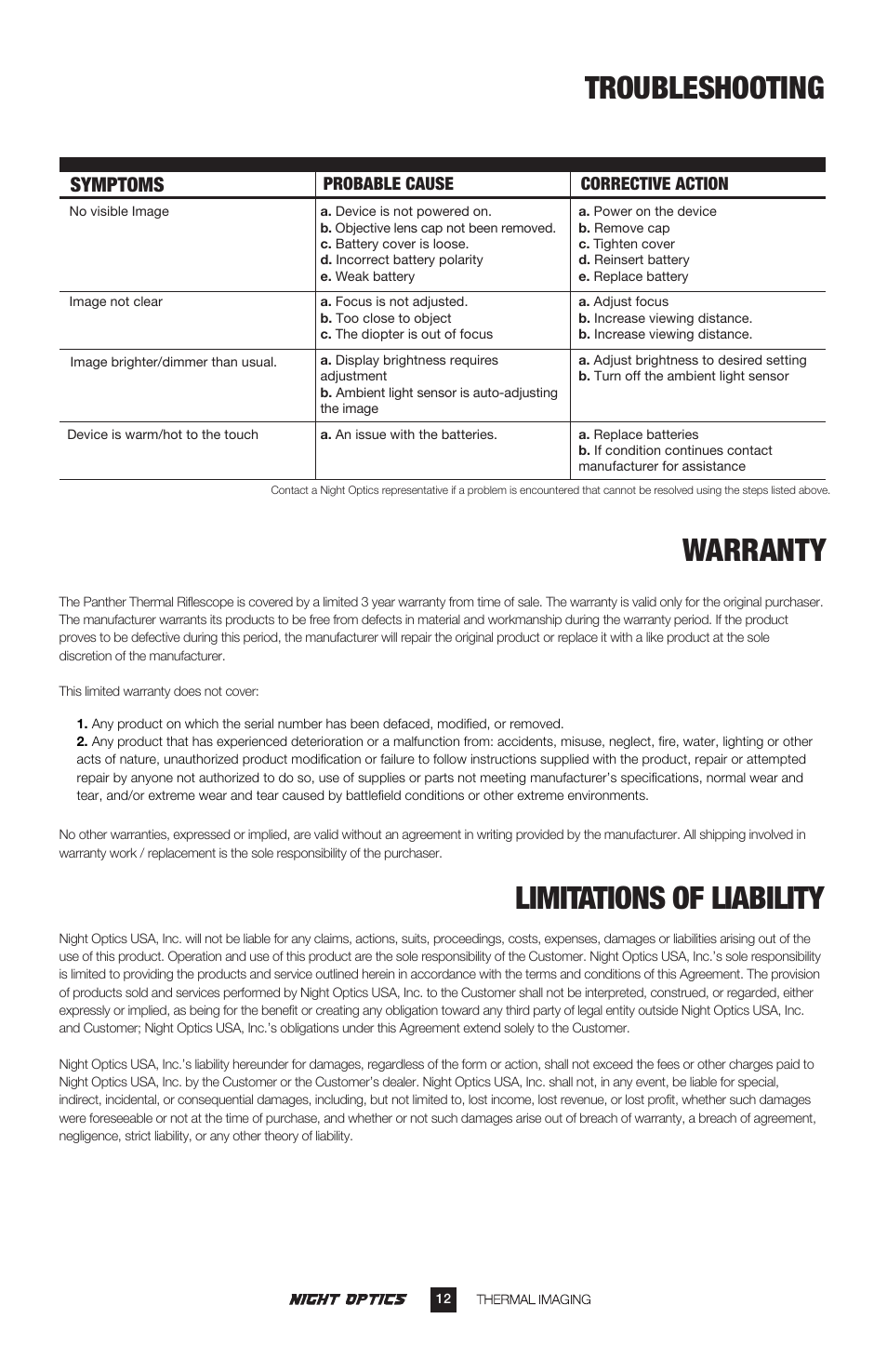 Troubleshooting, Limitations of liability, Warranty | Symptoms, Probable cause corrective action | Night Optics Panther 336 Thermal Riflescope (336x256 | 50mm) User Manual | Page 13 / 16