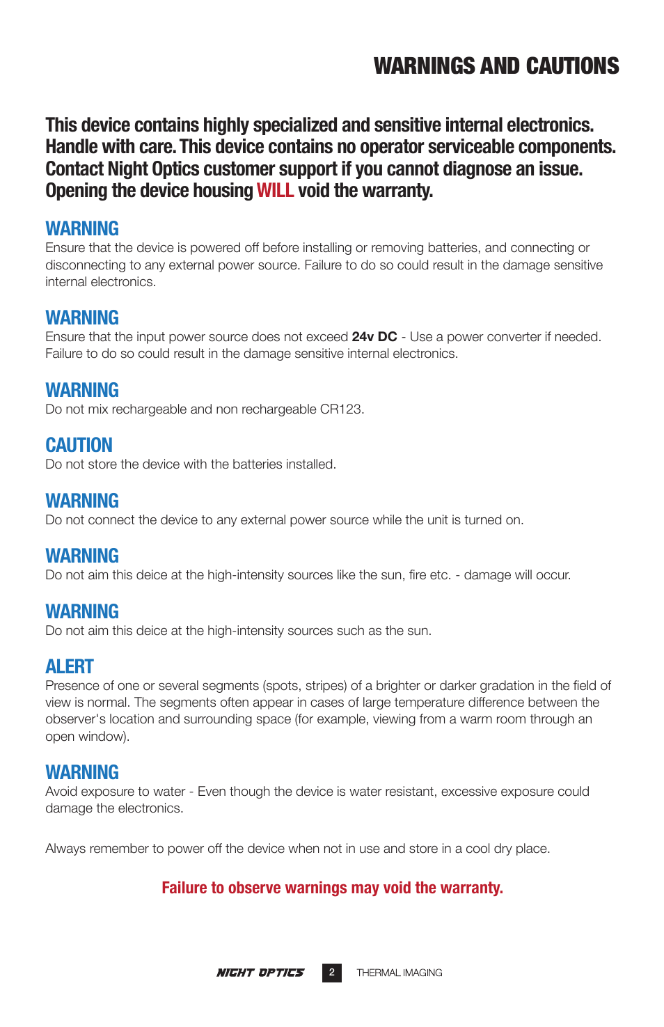 Warnings and cautions, Warning, Caution | Alert | Night Optics Panther 336 Thermal Riflescope (336x256 | 50mm) User Manual | Page 3 / 16
