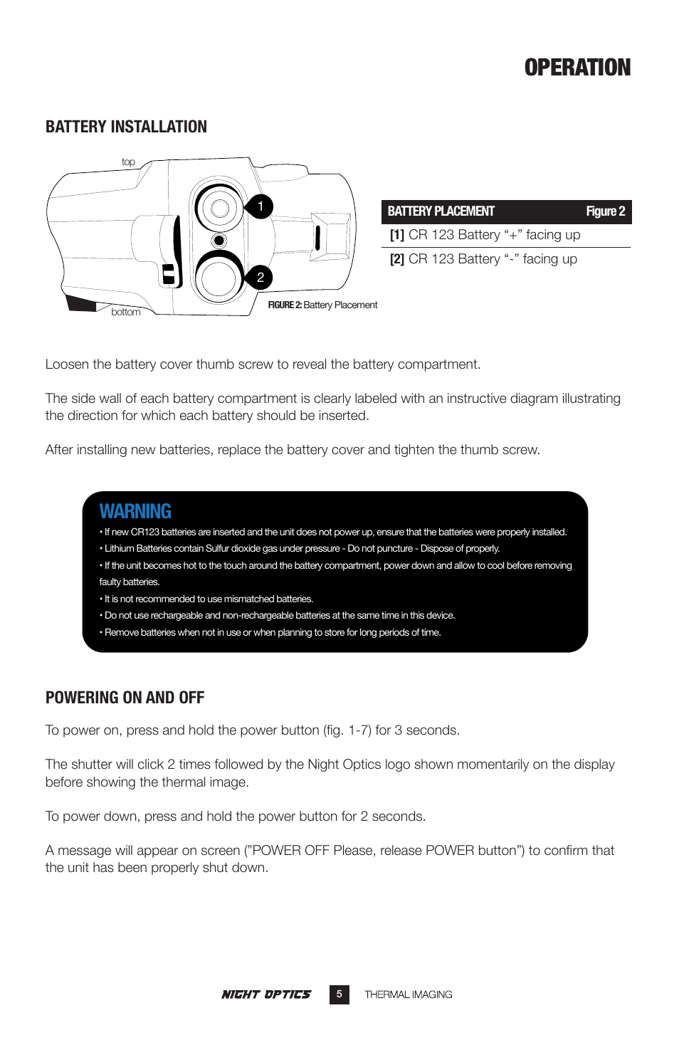 Operation, Warning, Battery installation powering on and off | Night Optics Panther 336 Thermal Riflescope (336x256 | 50mm) User Manual | Page 6 / 16