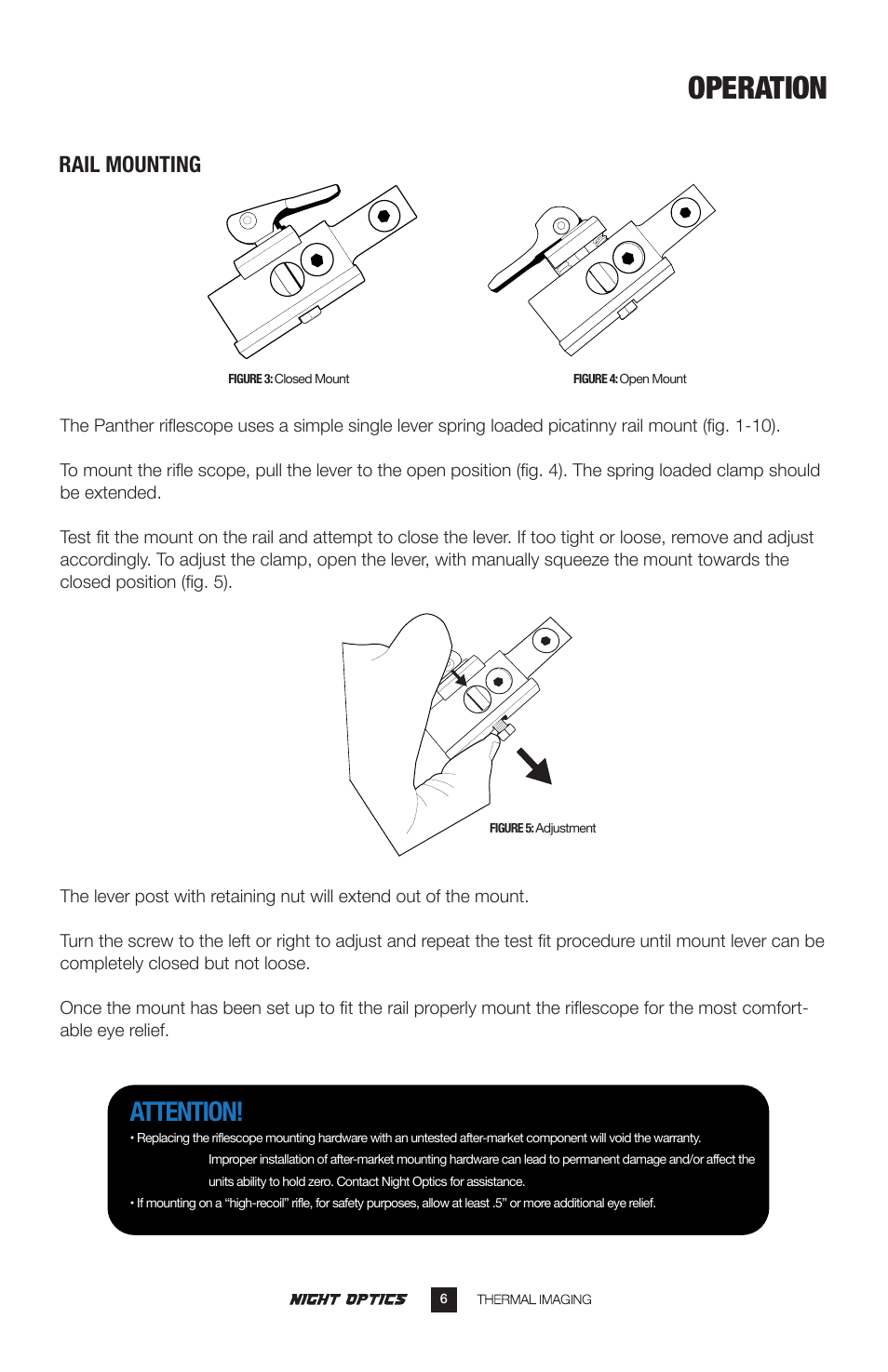 Operation, Attention, Rail mounting | Night Optics Panther 336 Thermal Riflescope (336x256 | 50mm) User Manual | Page 7 / 16