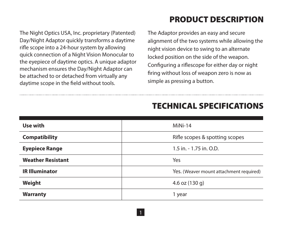 Technical specifications product description | Night Optics Day/Night Adaptor (Mini-14) User Manual | Page 3 / 9