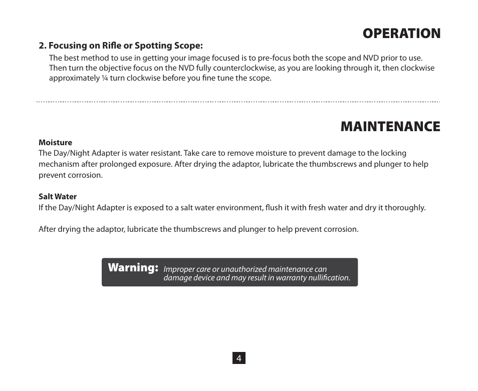 Operation maintenance, Warning | Night Optics Day/Night Adaptor (Mini-14) User Manual | Page 6 / 9