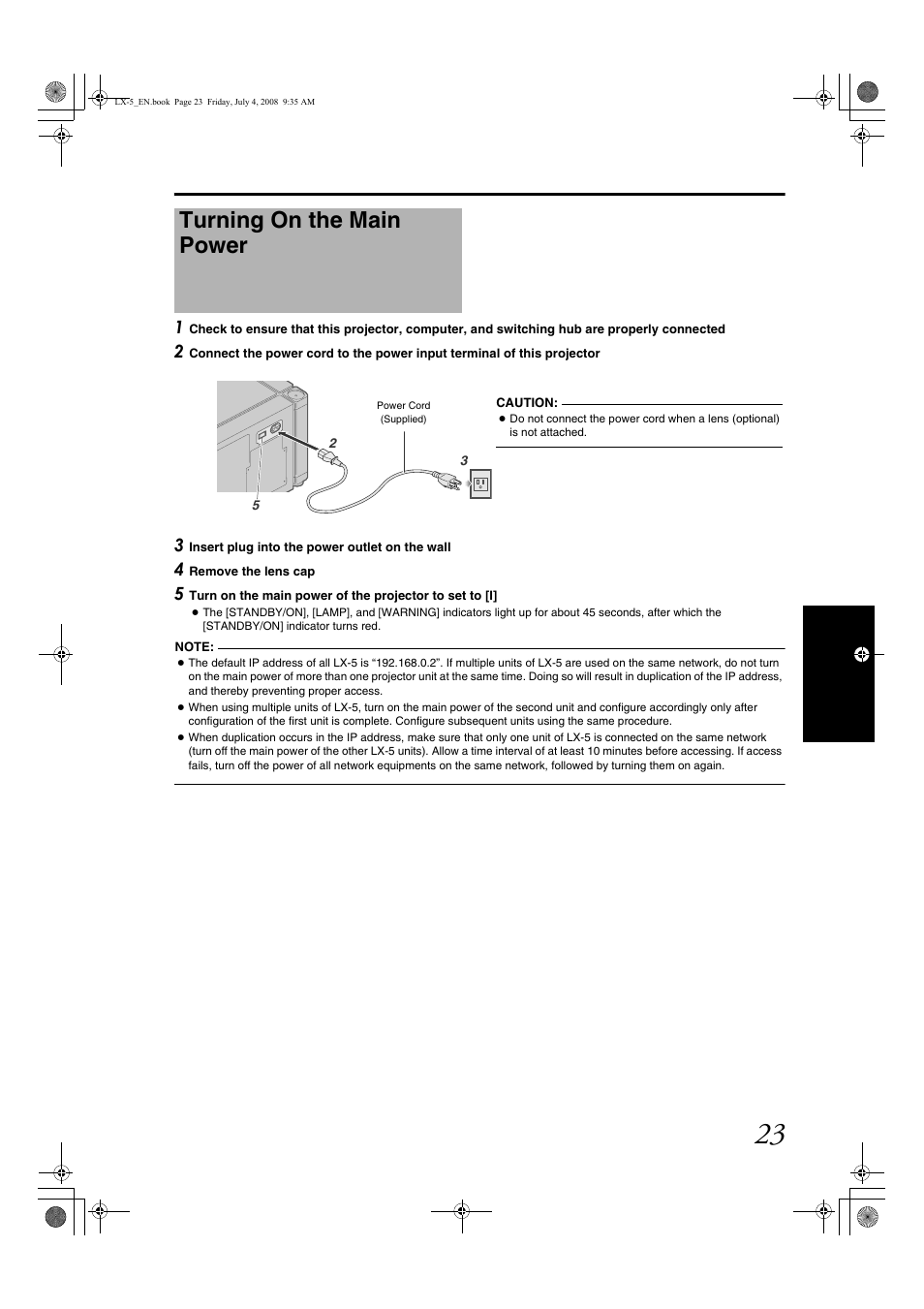 Turning on the main power | Barco D-ILA LX-5 User Manual | Page 23 / 52