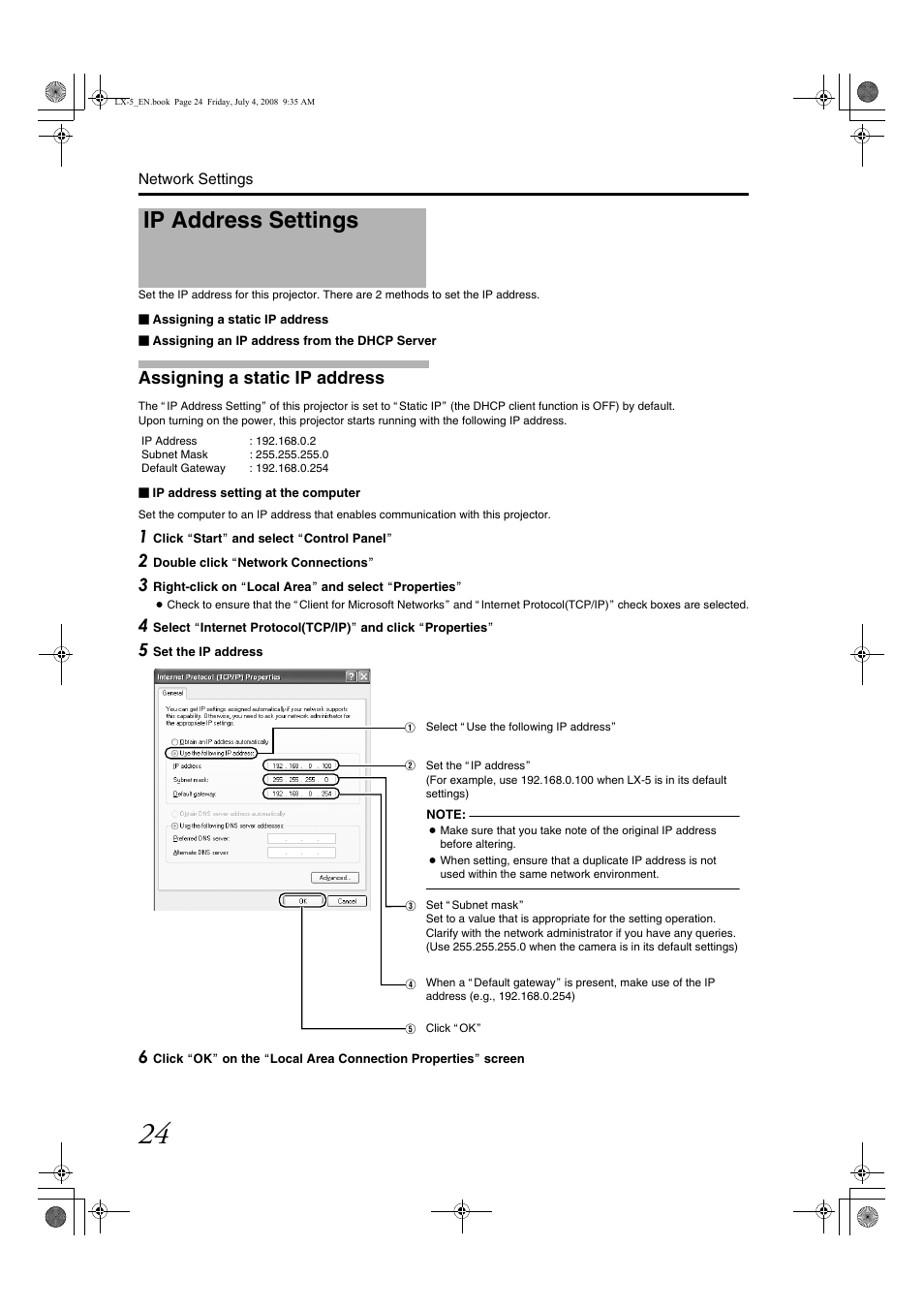 Ip address settings, Assigning a static ip address | Barco D-ILA LX-5 User Manual | Page 24 / 52