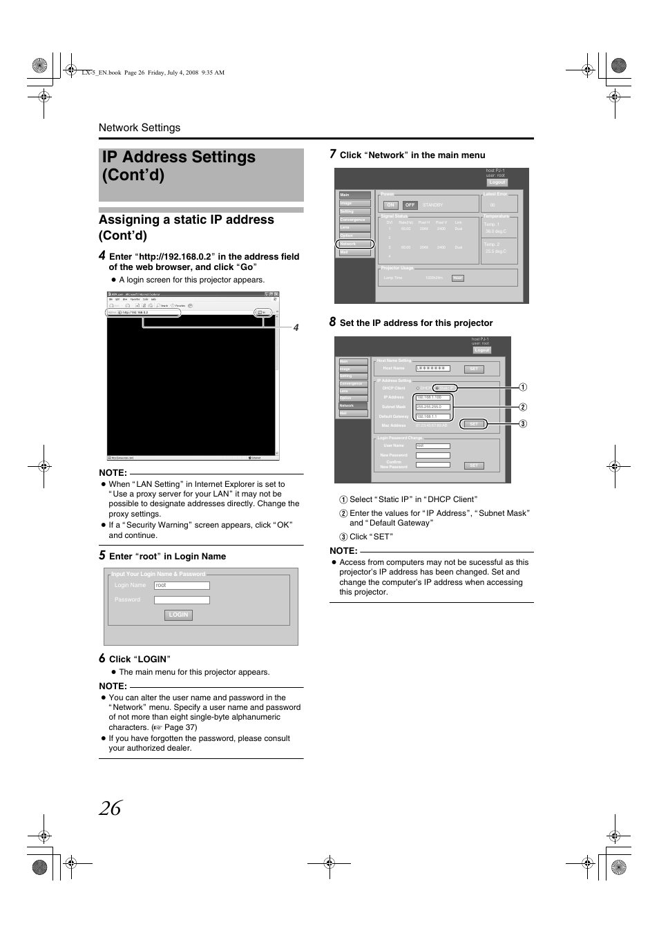 Ip address settings (cont’d), Assigning a static ip address (cont’d) 4, Network settings | Enter arootb in login name, Click aloginb, Cli ck anetworkb in the main menu, Set the ip address for this projector | Barco D-ILA LX-5 User Manual | Page 26 / 52