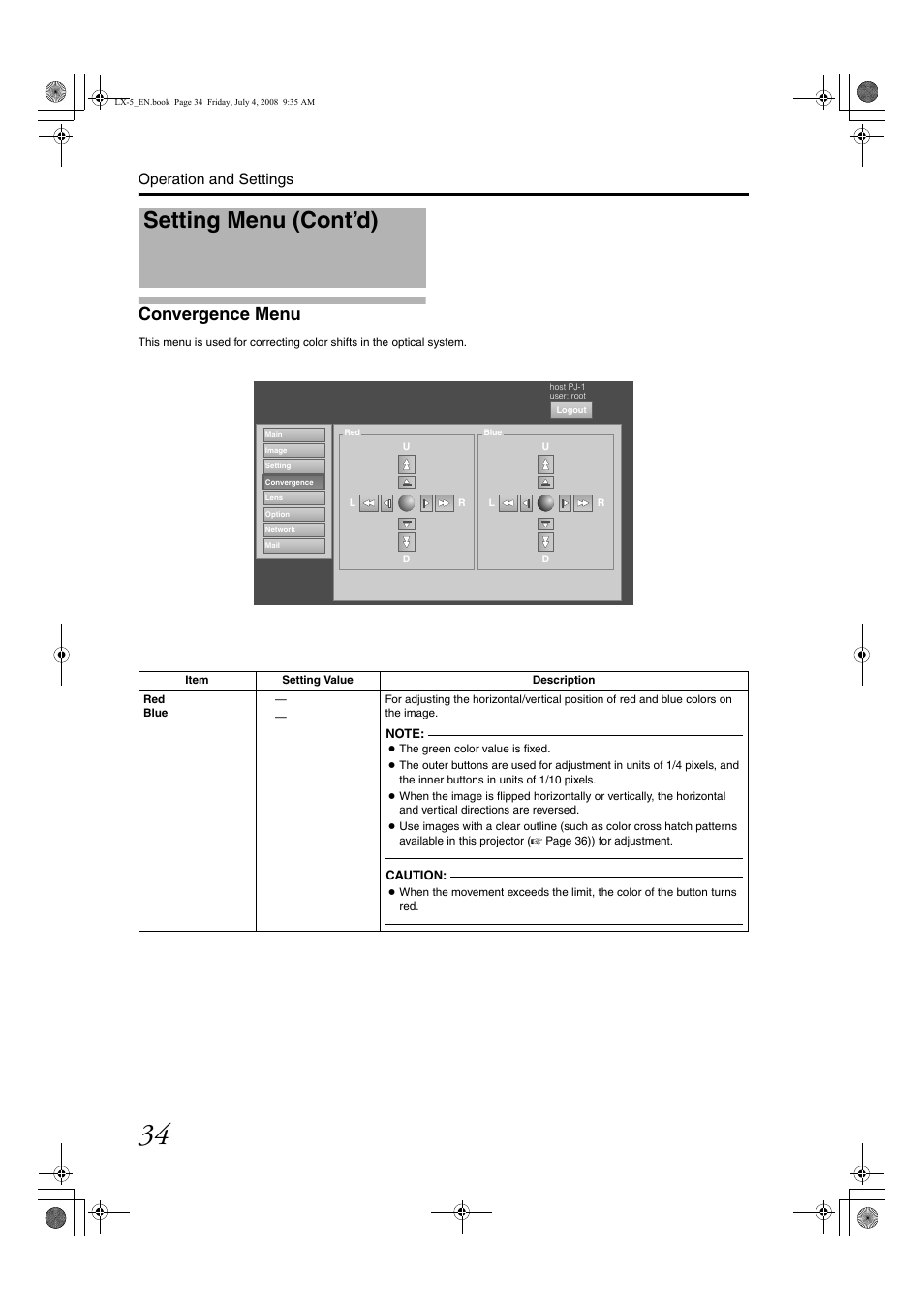 Convergence menu, Setting menu (cont’d), Convergence men u | Operation and settings | Barco D-ILA LX-5 User Manual | Page 34 / 52