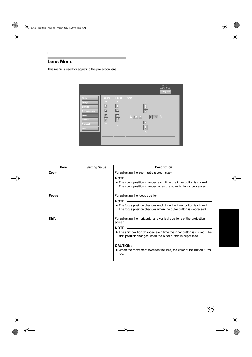 Lens menu, Lens men u | Barco D-ILA LX-5 User Manual | Page 35 / 52