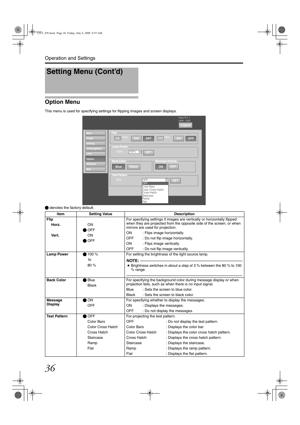 Option menu, Setting menu (cont’d), Option men u | Operation and settings | Barco D-ILA LX-5 User Manual | Page 36 / 52