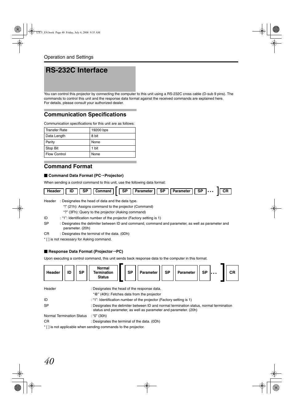 Rs-232c interface, Communication specifications, Command format | Barco D-ILA LX-5 User Manual | Page 40 / 52