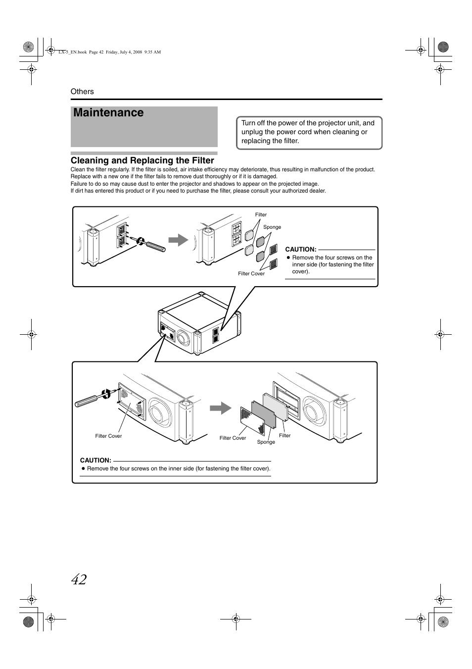 Others, Maintenance, Cleaning and replacing the filter | Barco D-ILA LX-5 User Manual | Page 42 / 52