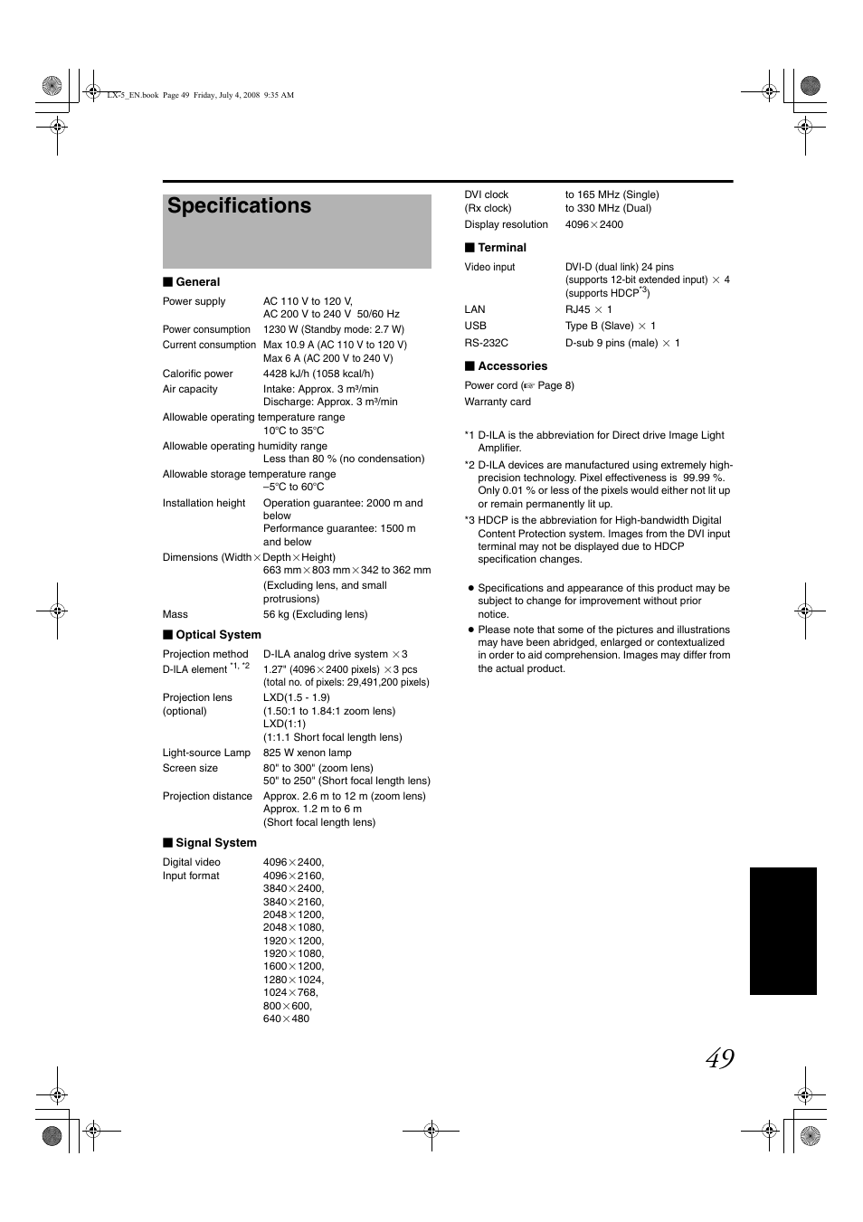 Specifications | Barco D-ILA LX-5 User Manual | Page 49 / 52