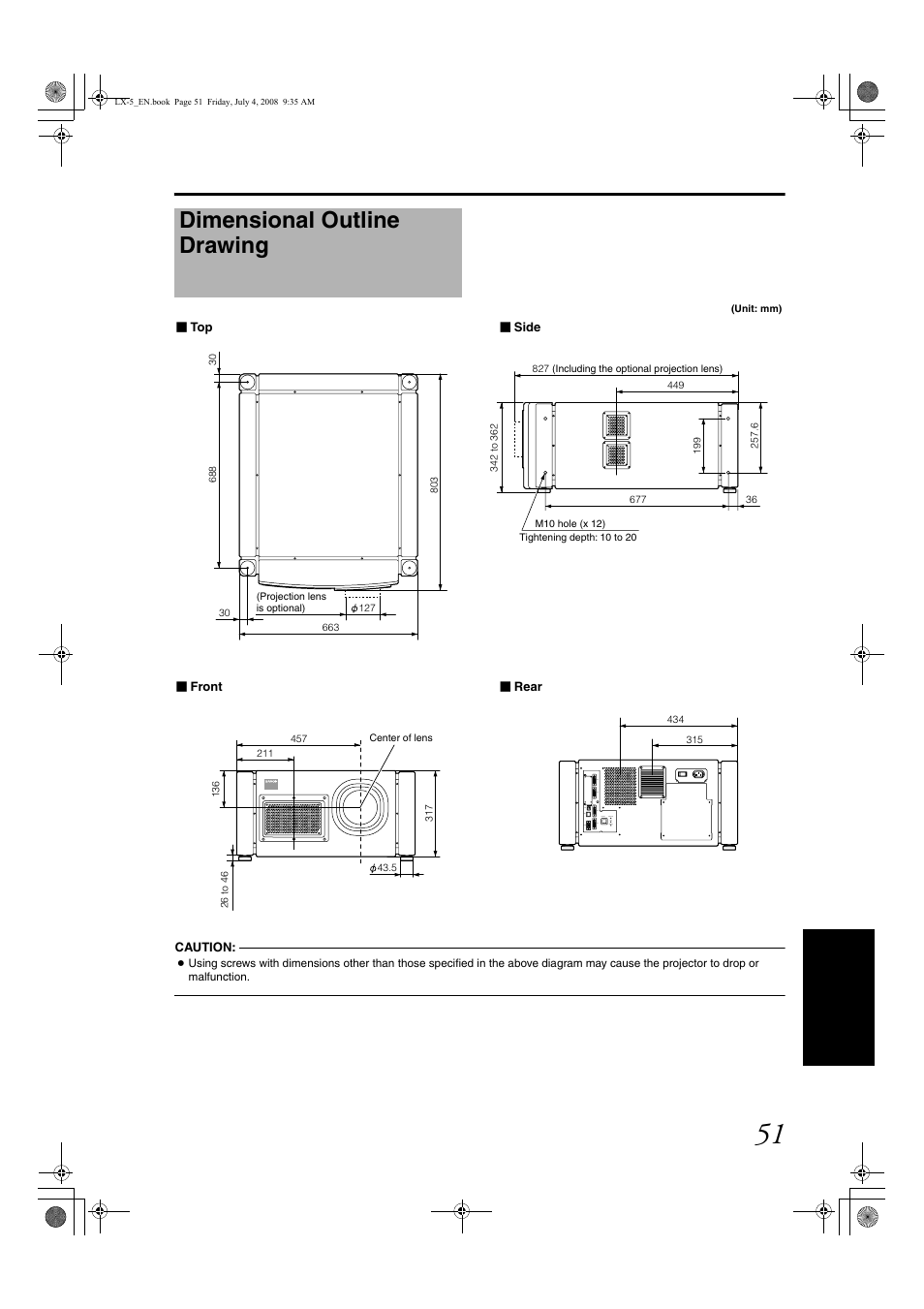 Dimensional outline drawing | Barco D-ILA LX-5 User Manual | Page 51 / 52