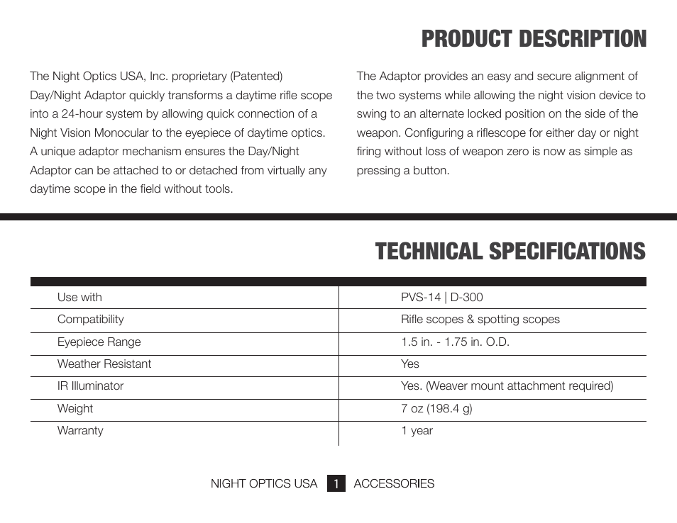 Technical specifications product description | Night Optics Day/Night Adaptor (D-300) User Manual | Page 3 / 8