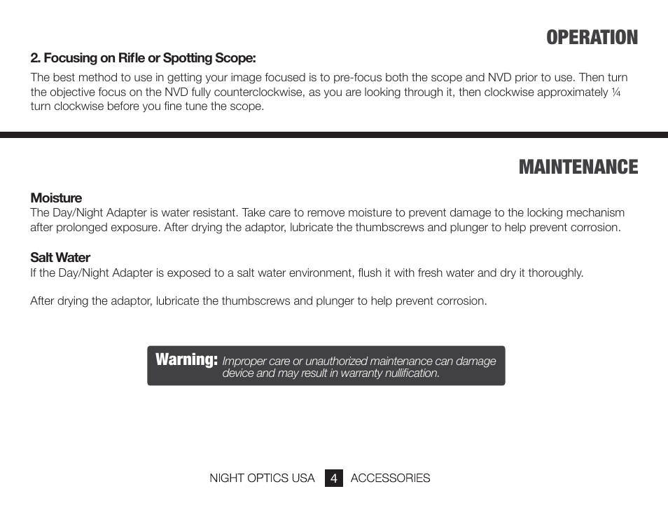 Operation maintenance, Warning | Night Optics Day/Night Adaptor (D-300) User Manual | Page 6 / 8