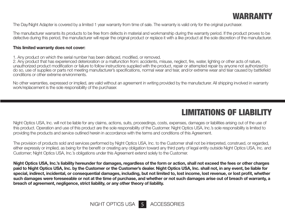 Warranty limitations of liability | Night Optics Day/Night Adaptor (D-300) User Manual | Page 7 / 8