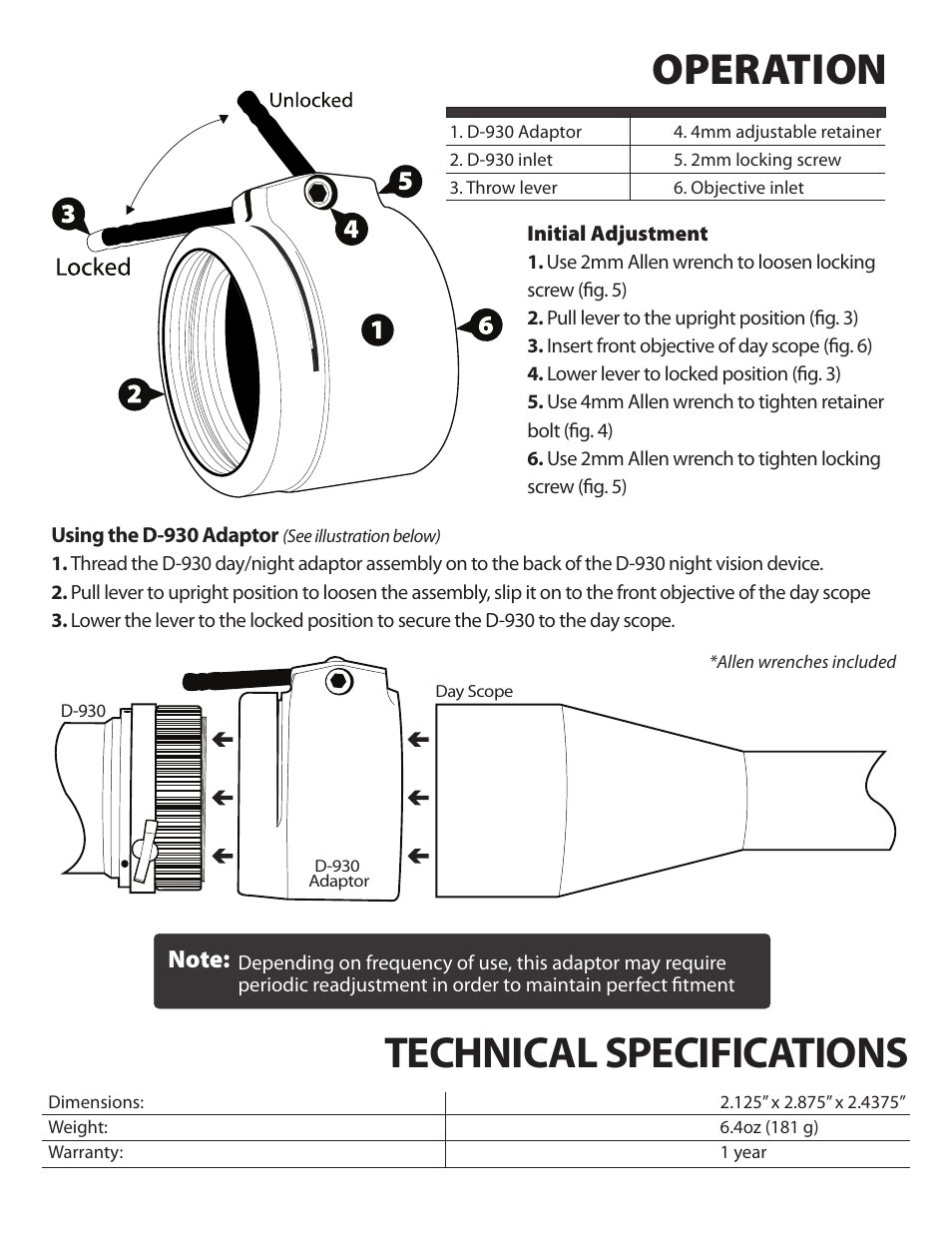 Operation, Technical specifications | Night Optics D-930 50mm Throw-Lever Day/Night Adaptor User Manual | Page 2 / 4