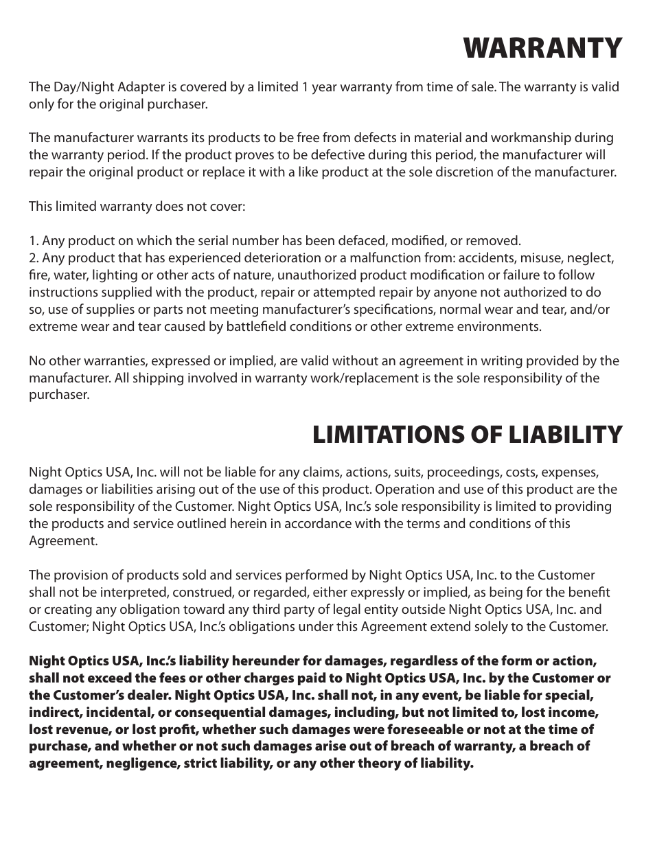 Warranty, Limitations of liability | Night Optics D-930 50mm Throw-Lever Day/Night Adaptor User Manual | Page 3 / 4