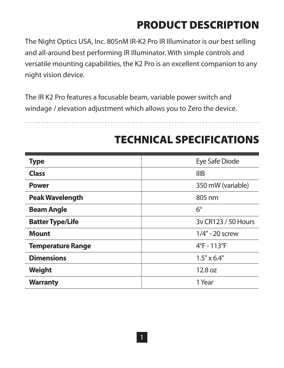 Product description technical specifications | Night Optics IR-K2 Pro Extra Long-Range IR Illuminator (805nm) User Manual | Page 3 / 10