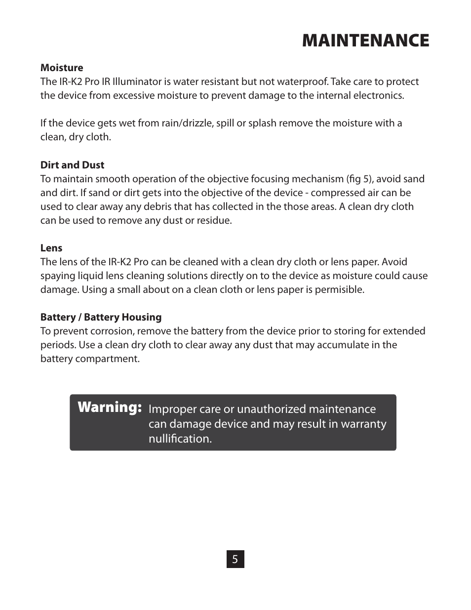 Maintenance, Warning | Night Optics IR-K2 Pro Extra Long-Range IR Illuminator (805nm) User Manual | Page 7 / 10