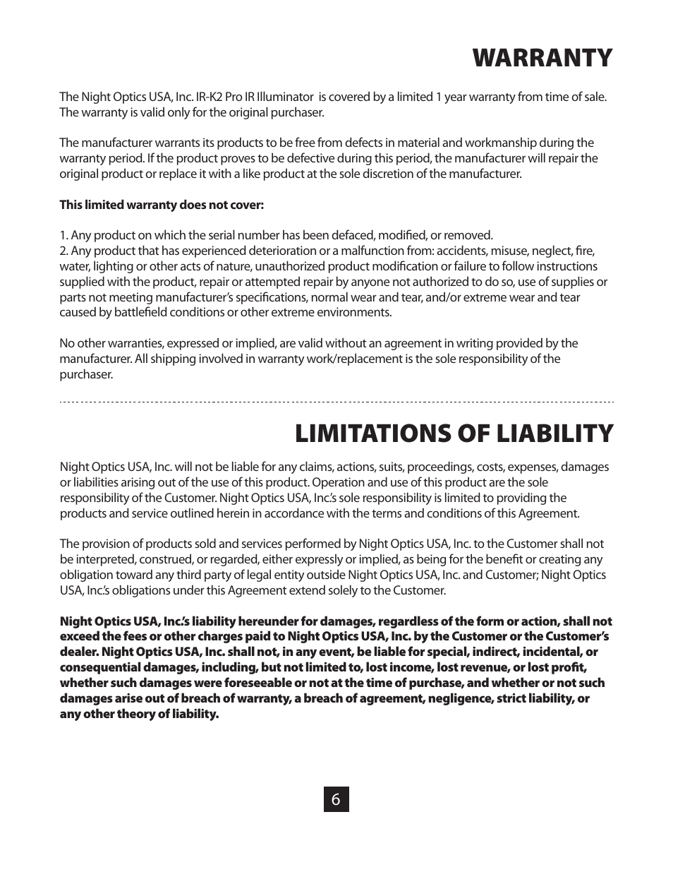 Limitations of liability warranty | Night Optics IR-K2 Pro Extra Long-Range IR Illuminator (805nm) User Manual | Page 8 / 10