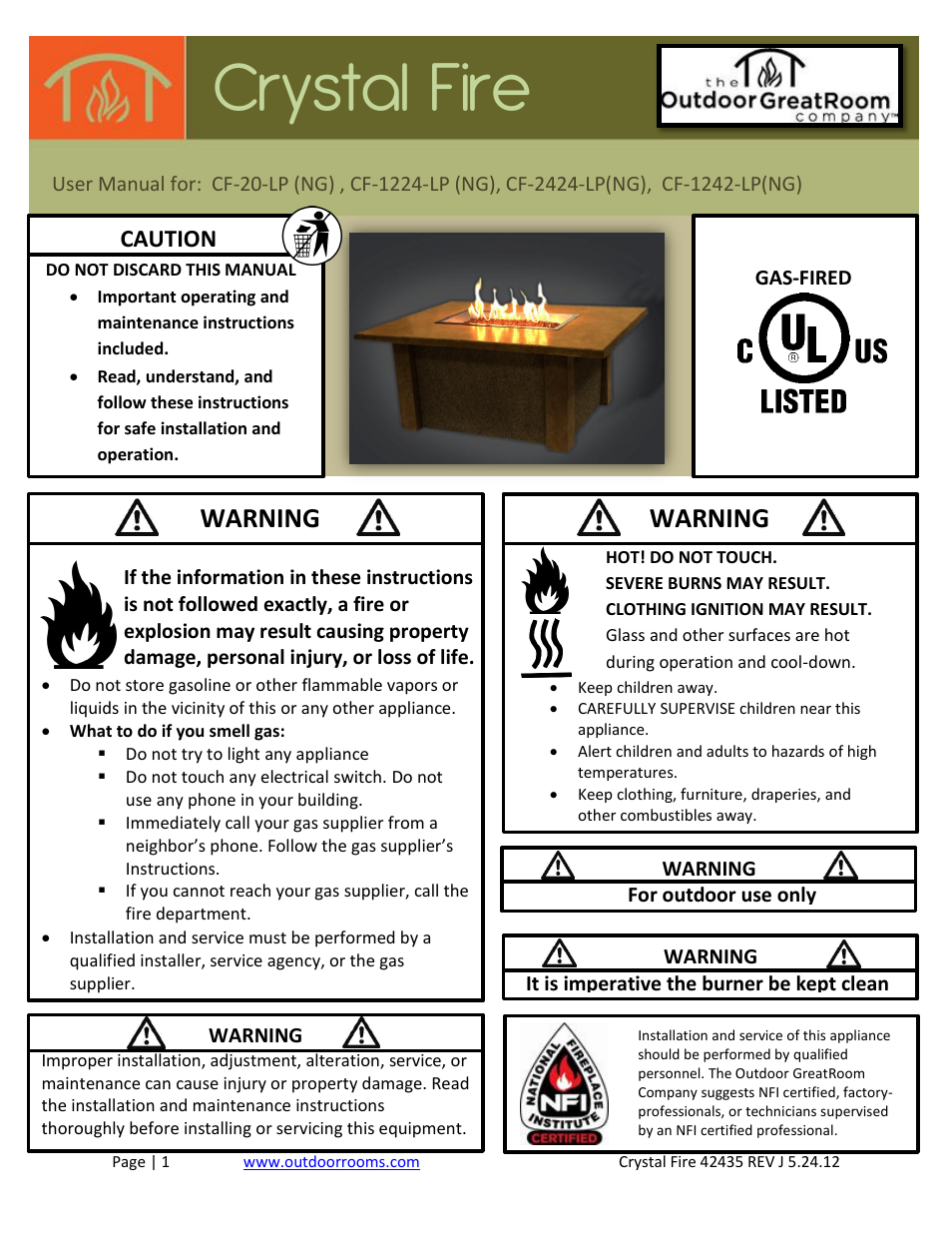 Outdoor Great Room Crystal Fire User Manual | 18 pages