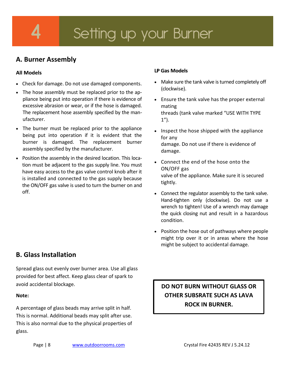 Setting up your burner, A. burner assembly, B. glass installation | Outdoor Great Room Crystal Fire User Manual | Page 8 / 18