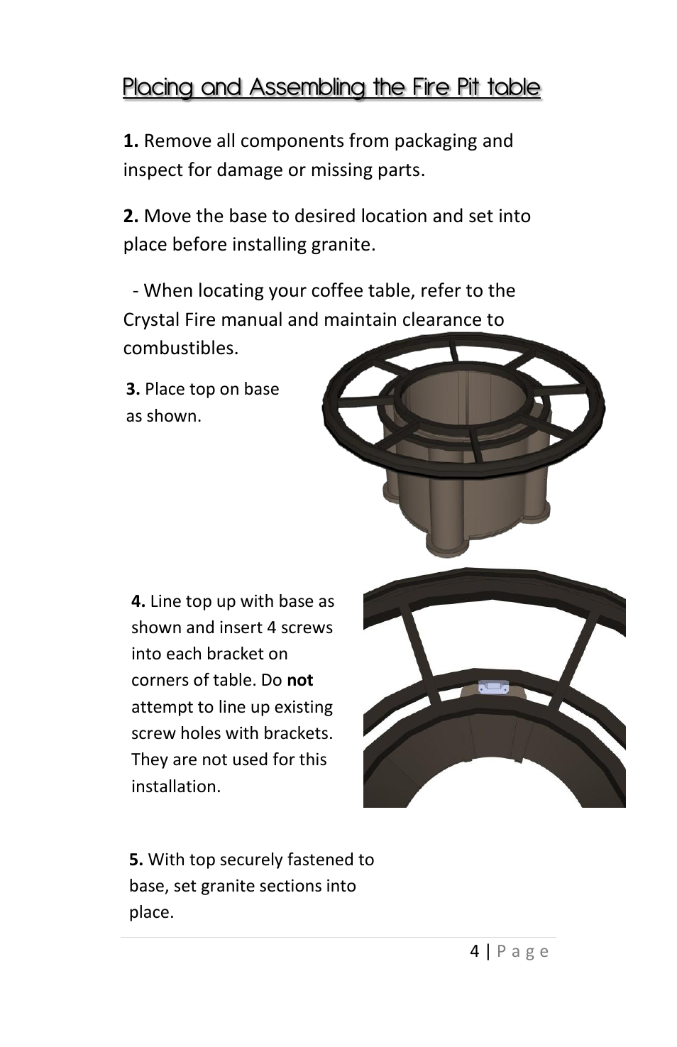 Placing and assembling the fire pit table | Outdoor Great Room Grand Colonial Fire Pit Table User Manual | Page 4 / 12