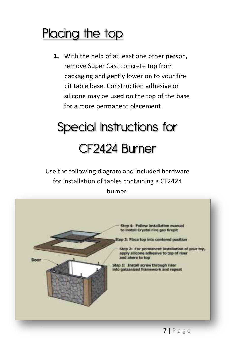 Placing the top, Special instructions for cf2424 burner | Outdoor Great Room Grandstone Fire Pit User Manual | Page 7 / 12