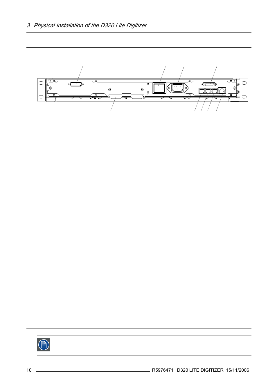 2 connections, Physical installation of the d320 lite digitizer, Rear panel inputs/outputs | Barco R9851560 User Manual | Page 14 / 31