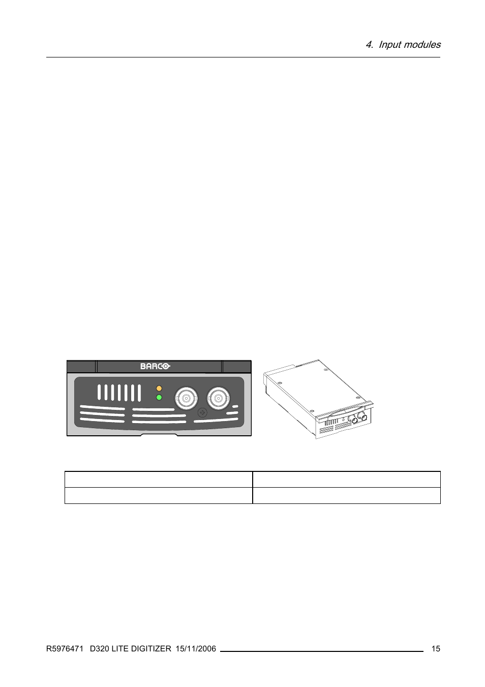 Input modules, Technical info, Order info | Barco R9851560 User Manual | Page 19 / 31