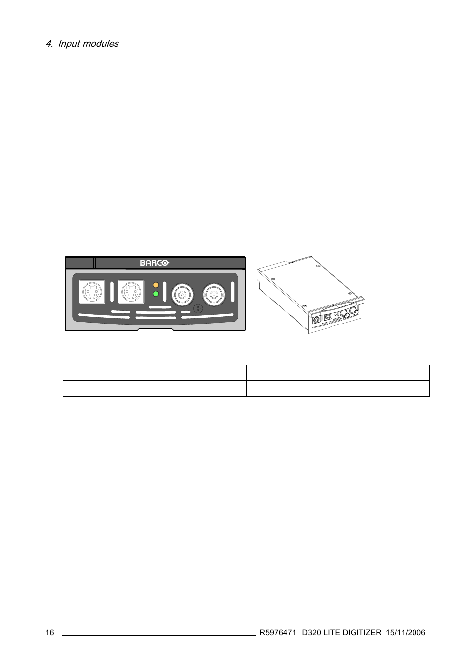 4 cvbs / s-vid input module, Cvbs / s-vid input module, Input modules | Technical info, Order info | Barco R9851560 User Manual | Page 20 / 31