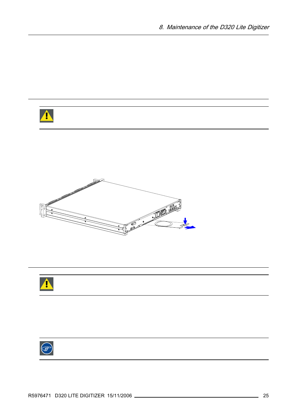 Maintenance of the d320€lite digitizer, 1 cleaning the dust filter, 2 cleaning the cabinet | Maintenance of the d320 lite digitizer | Barco R9851560 User Manual | Page 29 / 31