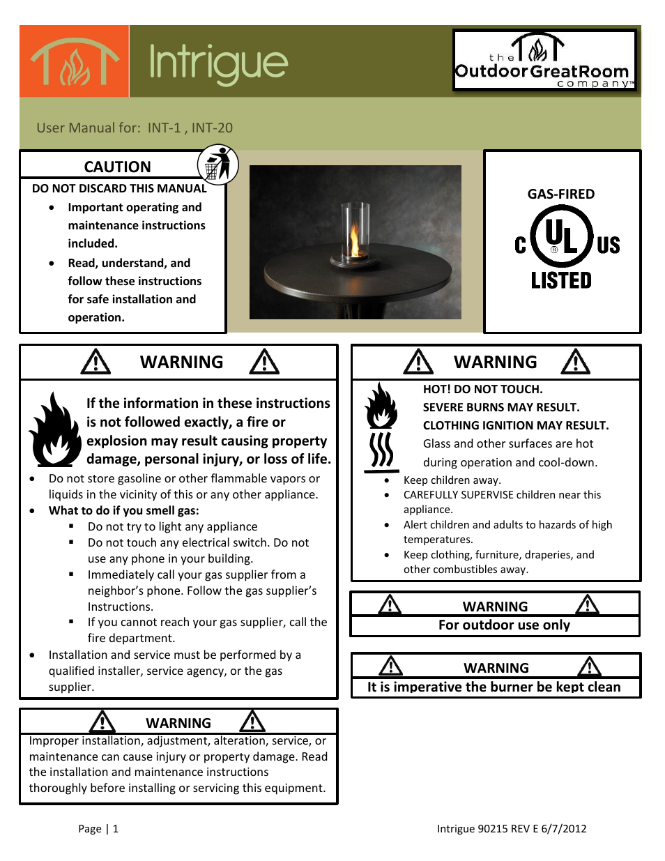 Outdoor Great Room Intrigue Table Fire Pit User Manual | 19 pages