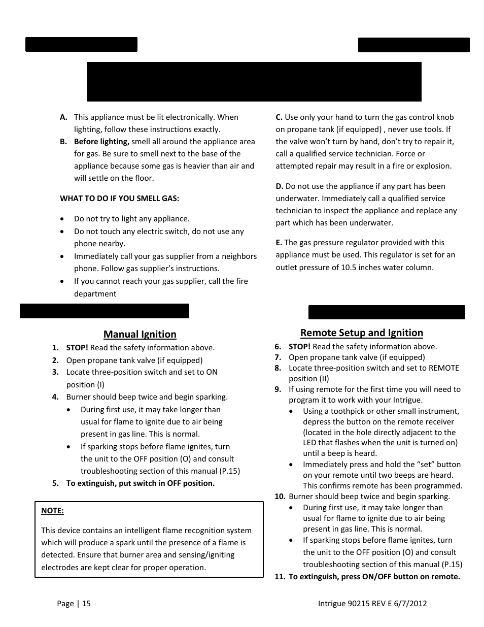 Manual ignition, Remote setup and ignition | Outdoor Great Room Intrigue Table Fire Pit User Manual | Page 15 / 19