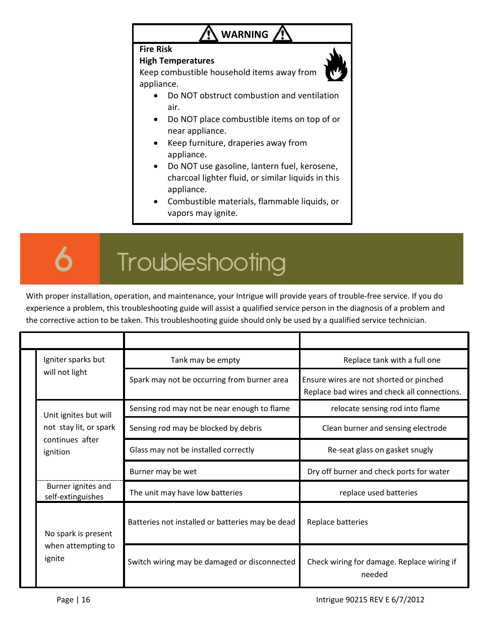 Troubleshooting | Outdoor Great Room Intrigue Table Fire Pit User Manual | Page 16 / 19