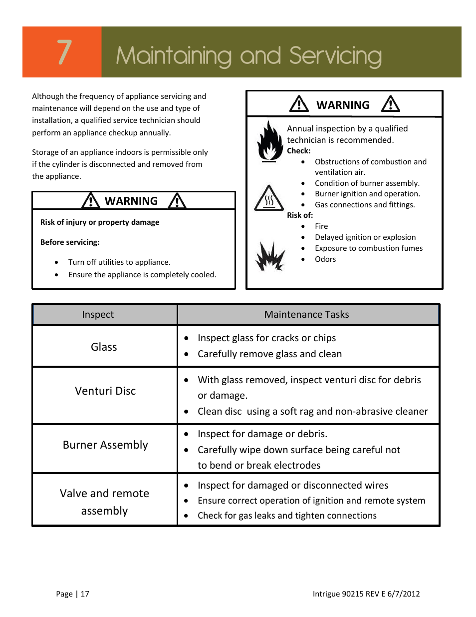 Maintaining and servicing, Warning, Glass | Venturi disc, Burner assembly, Valve and remote assembly | Outdoor Great Room Intrigue Table Fire Pit User Manual | Page 17 / 19