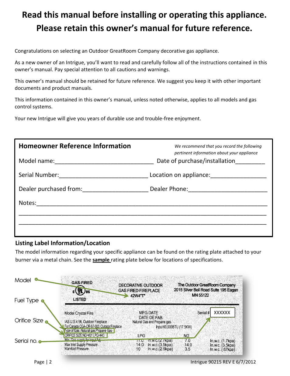 Homeowner reference information | Outdoor Great Room Intrigue Table Fire Pit User Manual | Page 2 / 19