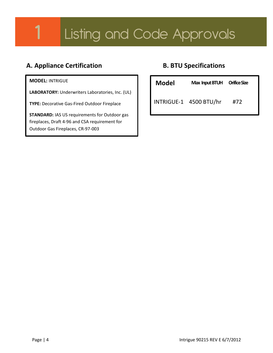 Listing and code approvals | Outdoor Great Room Intrigue Table Fire Pit User Manual | Page 4 / 19