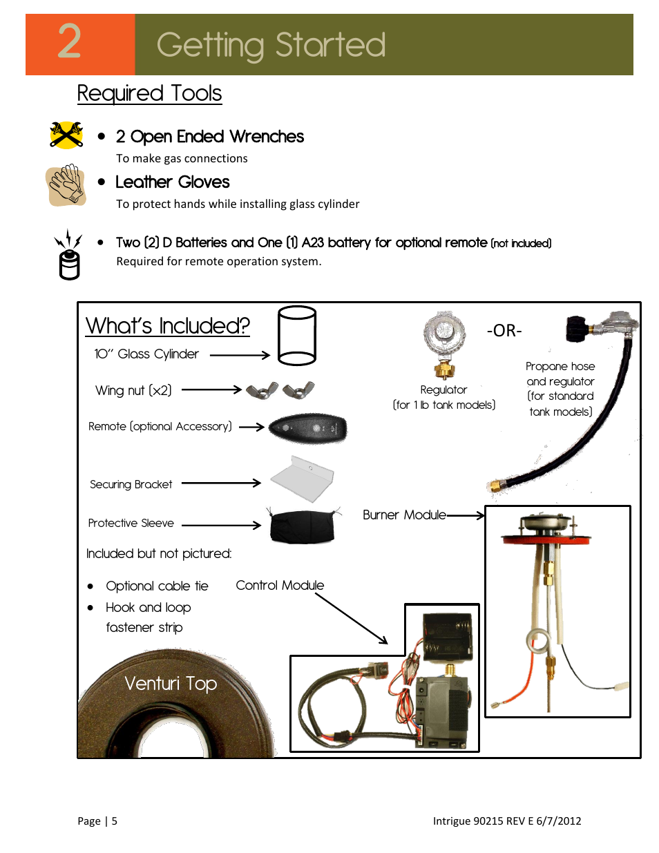 Getting started, Required tools, What’s included | Venturi top, 2 open ended wrenches, Leather gloves | Outdoor Great Room Intrigue Table Fire Pit User Manual | Page 5 / 19