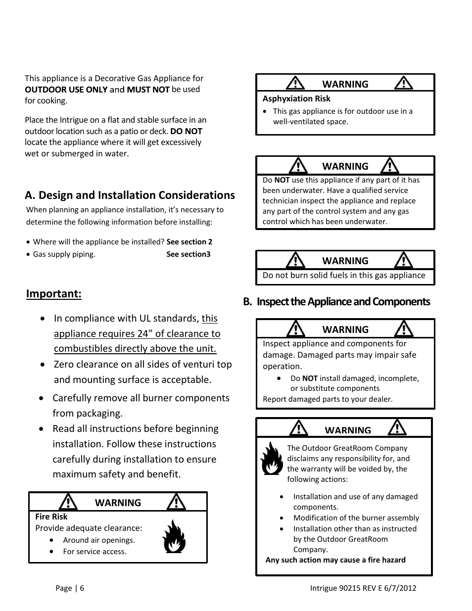 A. design and installation considerations, Important, B. inspect the appliance and components | Outdoor Great Room Intrigue Table Fire Pit User Manual | Page 6 / 19