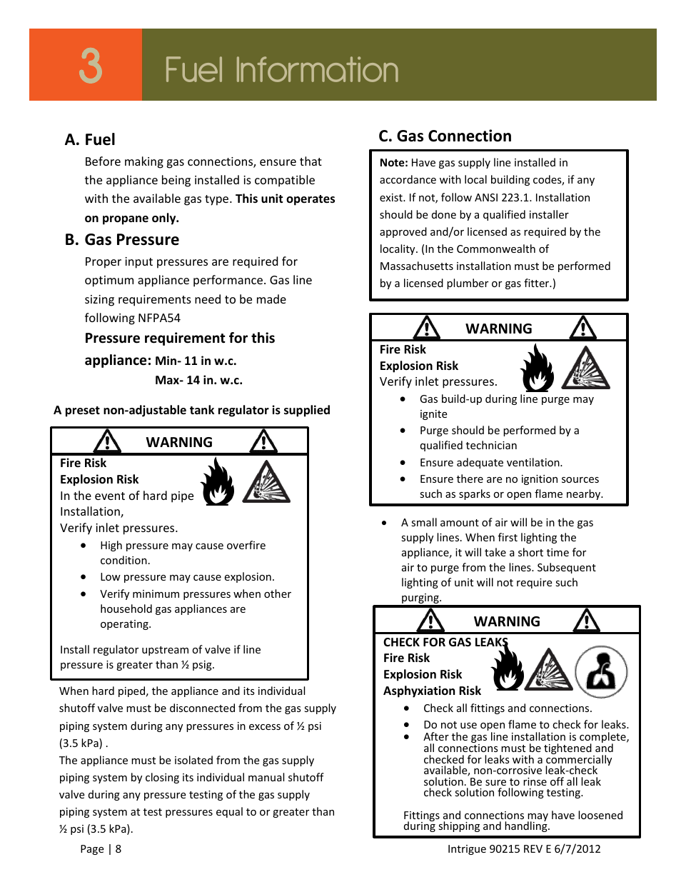 Fuel information, A. fuel, B. gas pressure | C. gas connection | Outdoor Great Room Intrigue Table Fire Pit User Manual | Page 8 / 19
