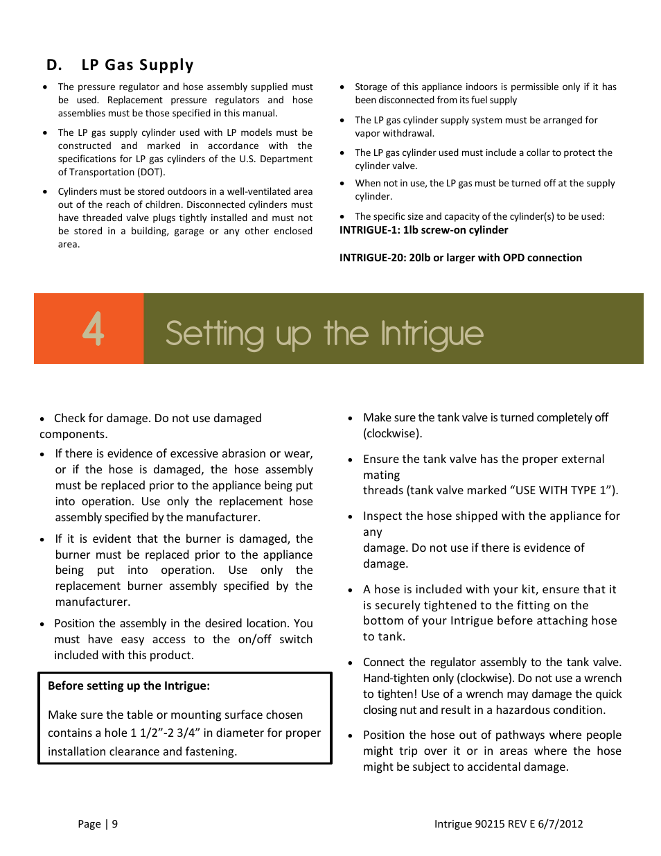 Setting up the intrigue, D. lp gas supply | Outdoor Great Room Intrigue Table Fire Pit User Manual | Page 9 / 19