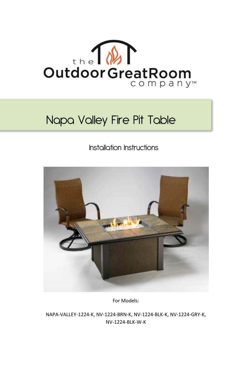 Outdoor Great Room Napa Valley 1224 Fire Pit User Manual | 12 pages