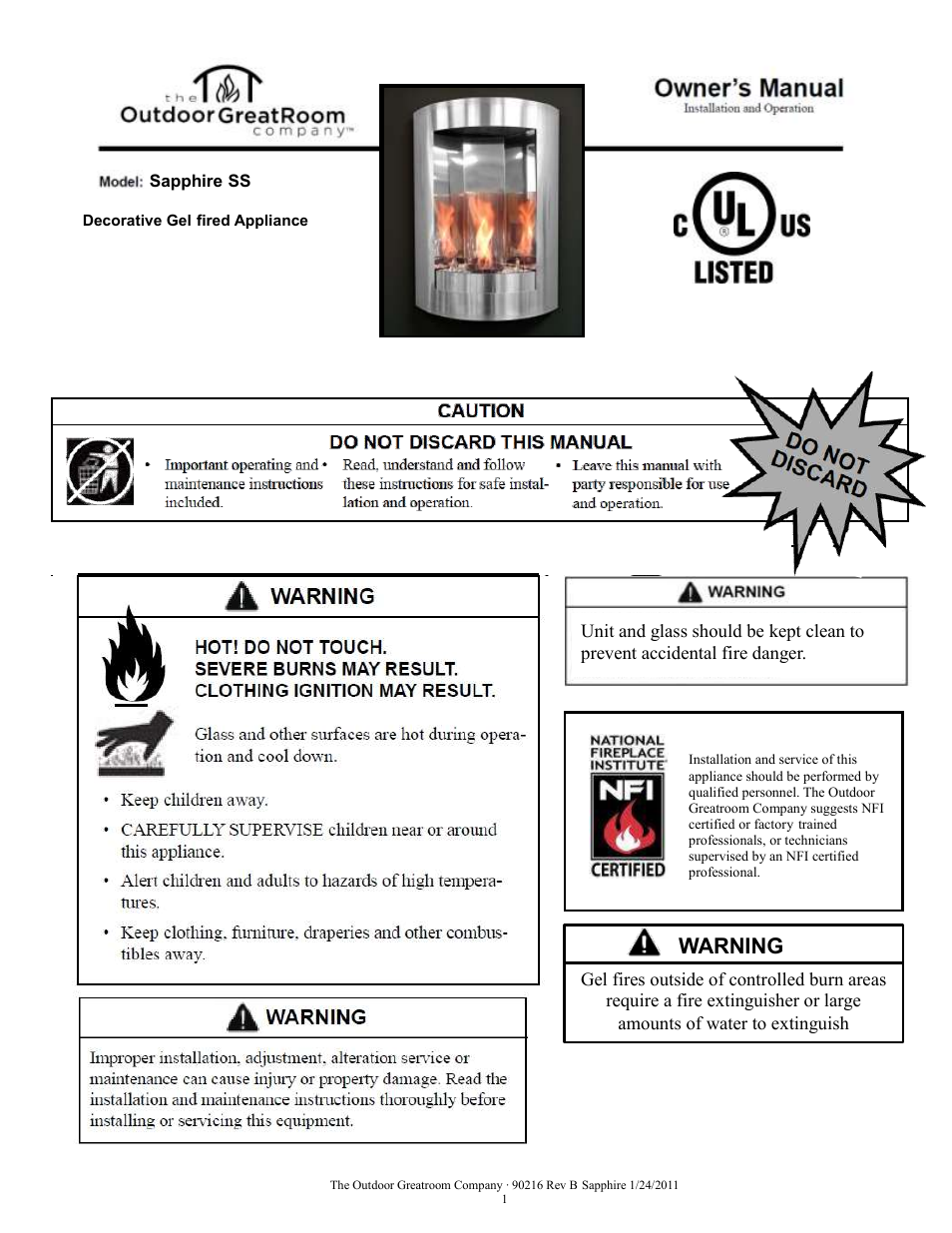 Outdoor Great Room Sapphire Fireplace User Manual | 15 pages