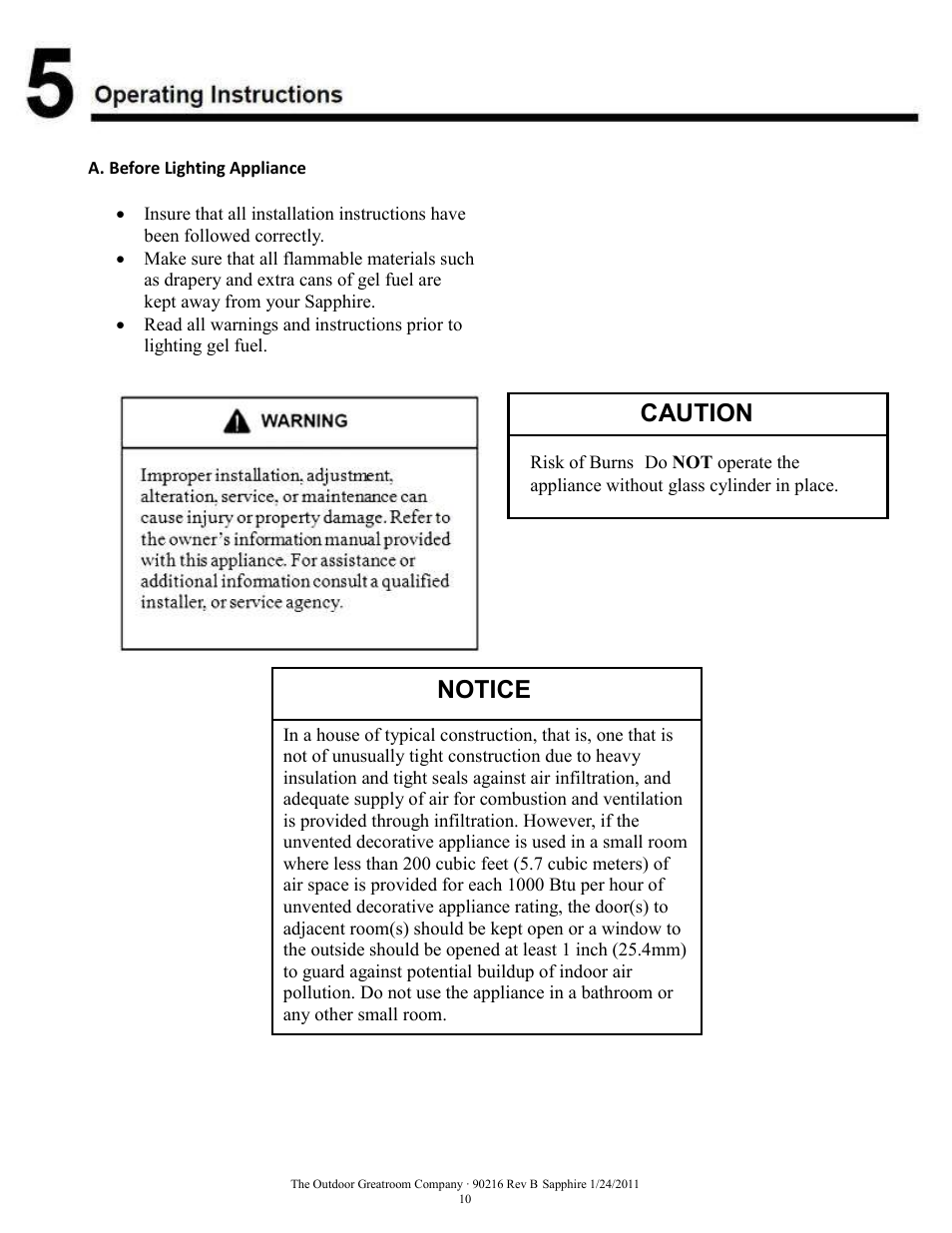 Notice, Caution | Outdoor Great Room Sapphire Fireplace User Manual | Page 10 / 15