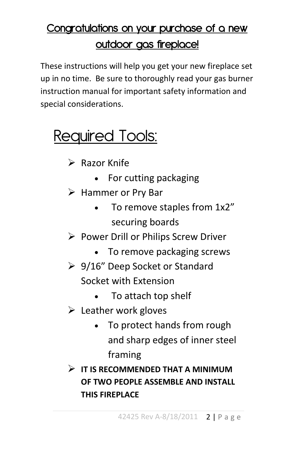 Required tools | Outdoor Great Room Sonoma and San Juan Fireplace User Manual | Page 2 / 8