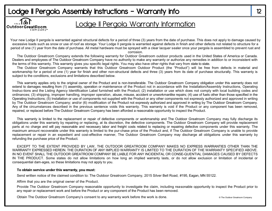 Lodge ii pergola warranty information | Outdoor Great Room Lodge II Pergola User Manual | Page 14 / 14