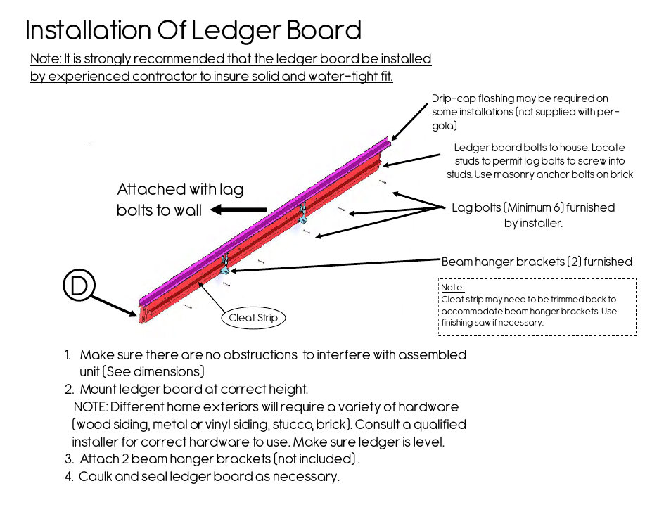 Installation of ledger board, Attached with lag bolts to wall | Outdoor Great Room Patio Pergola User Manual | Page 5 / 10