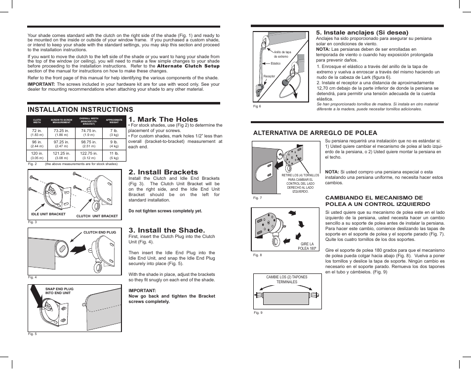 Installation instructions, Install brackets, Mark the holes | Install the shade, Alternativa de arreglo de polea | Outdoor Great Room Cordless Sun Shade User Manual | Page 2 / 6